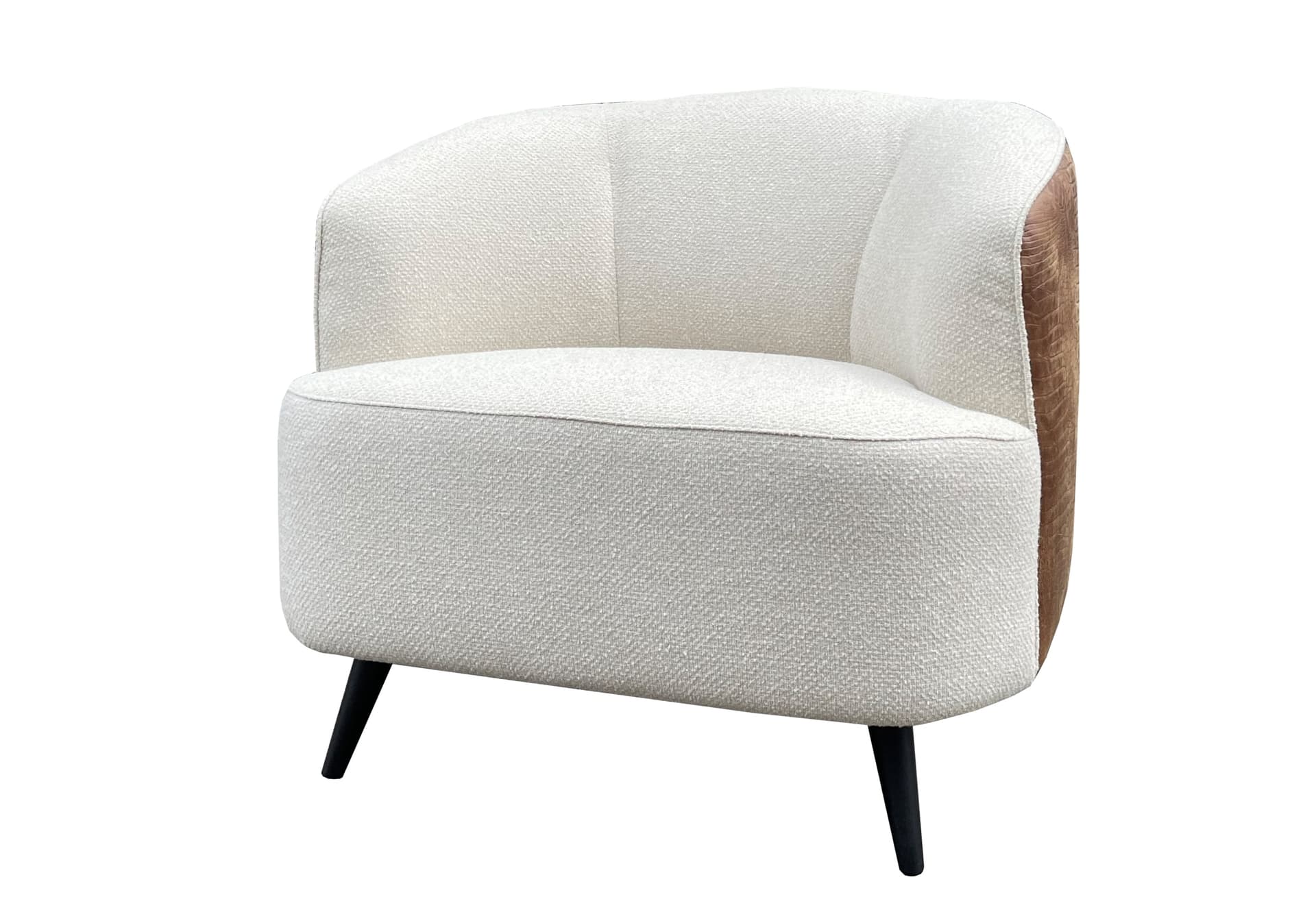 Ronde fauteuil Amy in witte stof met zwarte poten