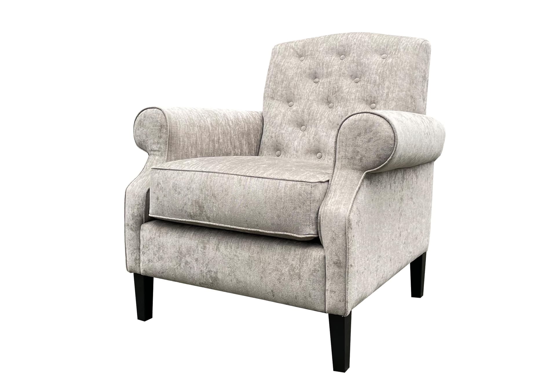 Klassieke fauteuil Elise capiton in grijze stof met zwarte poten