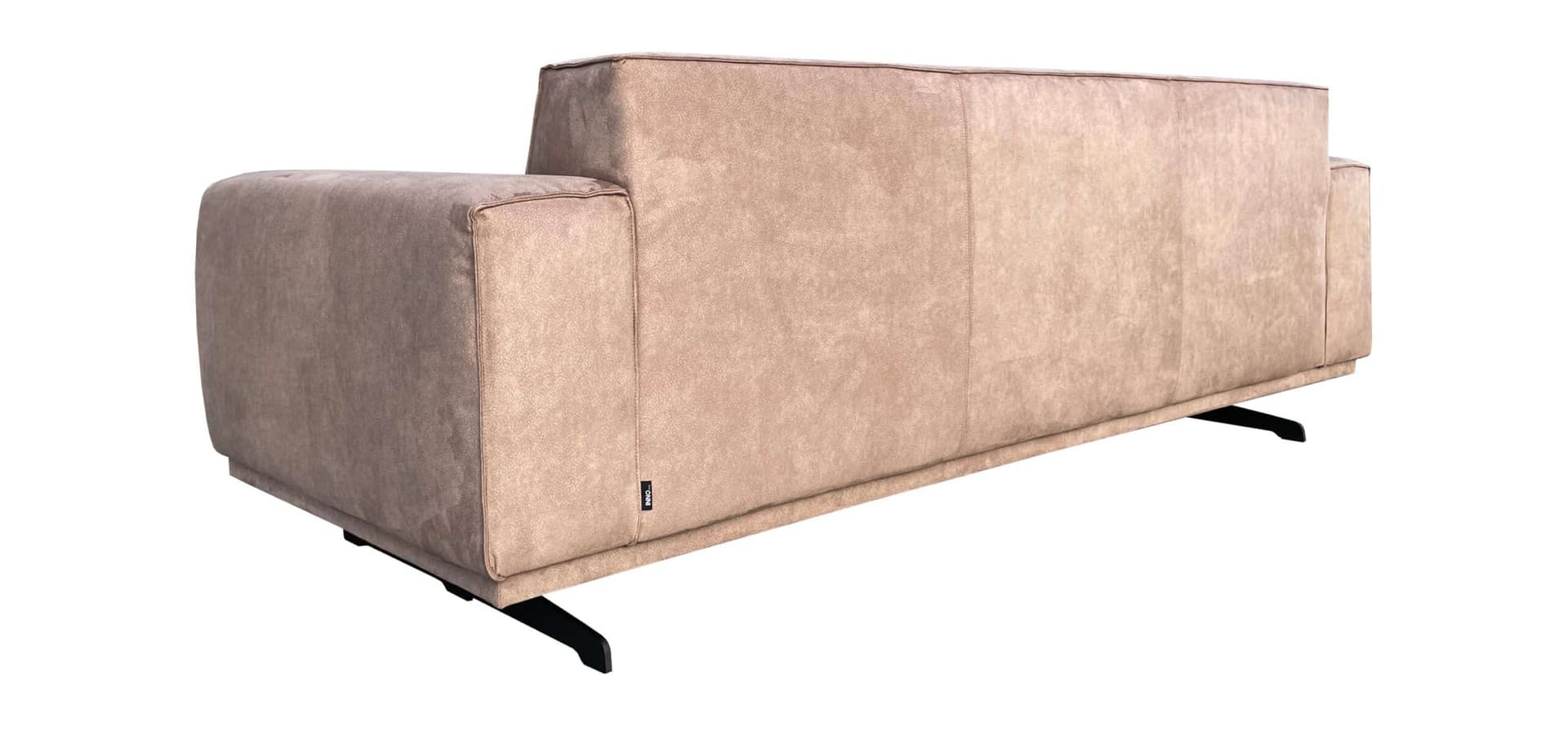Achteraanzicht van taupe 3-zitsbank Mark met Franse stiknaad en moderne afwerking