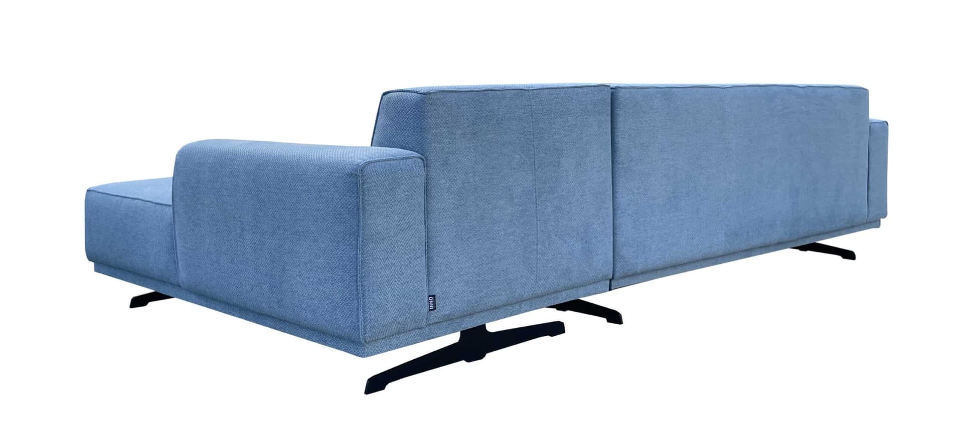 Loungebank Mark chaise longue in blauwe stof met zwarte slede poten