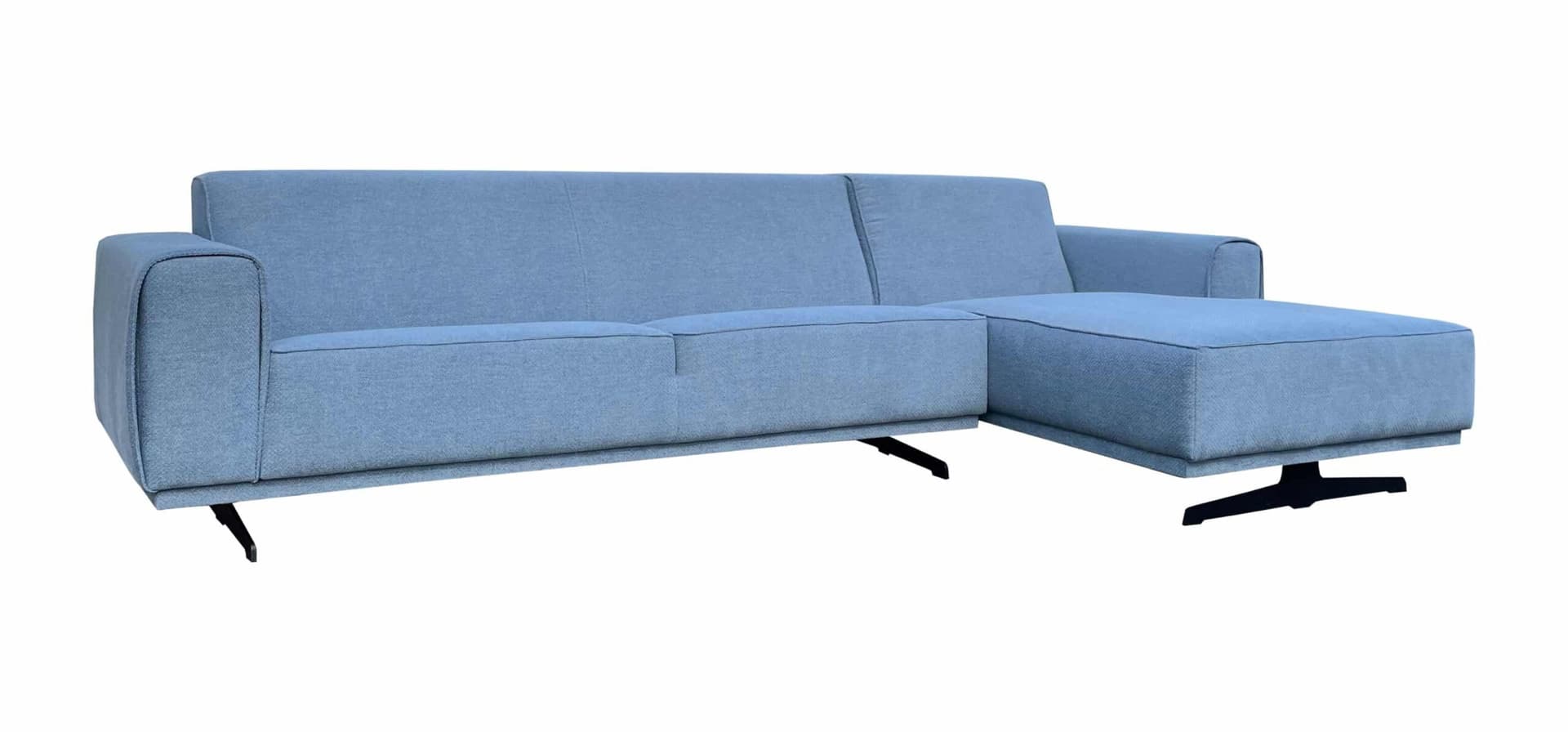 Loungebank Mark chaise longue in blauwe stof met zwarte slede poten