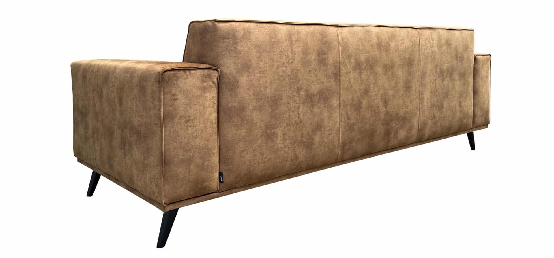 Achterzijde van de moderne bruine velvet 3-zitsbank Mees in de kleur Bonnie Walnut 815