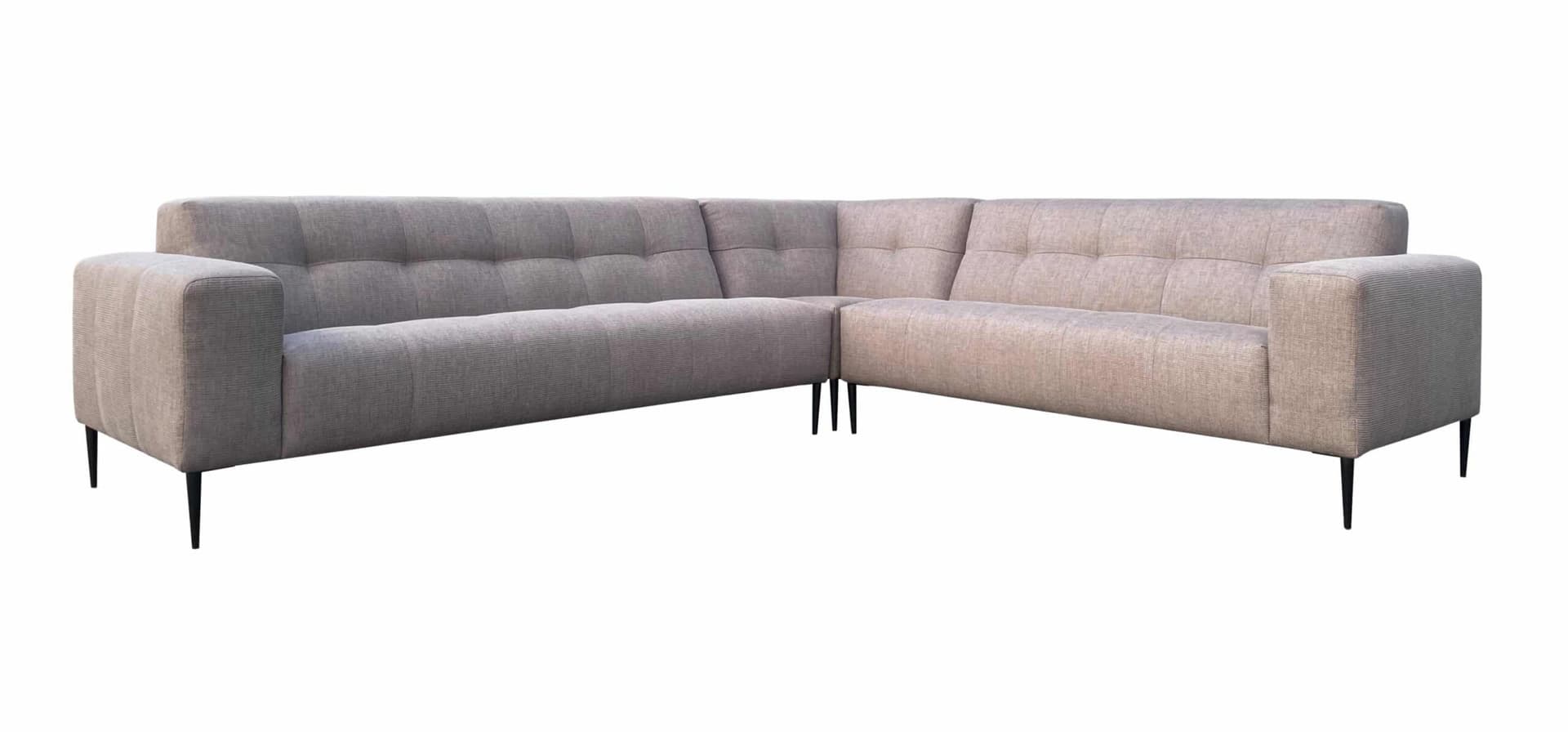 Moderne hoekbank Mila in beige stof met zwarte poten