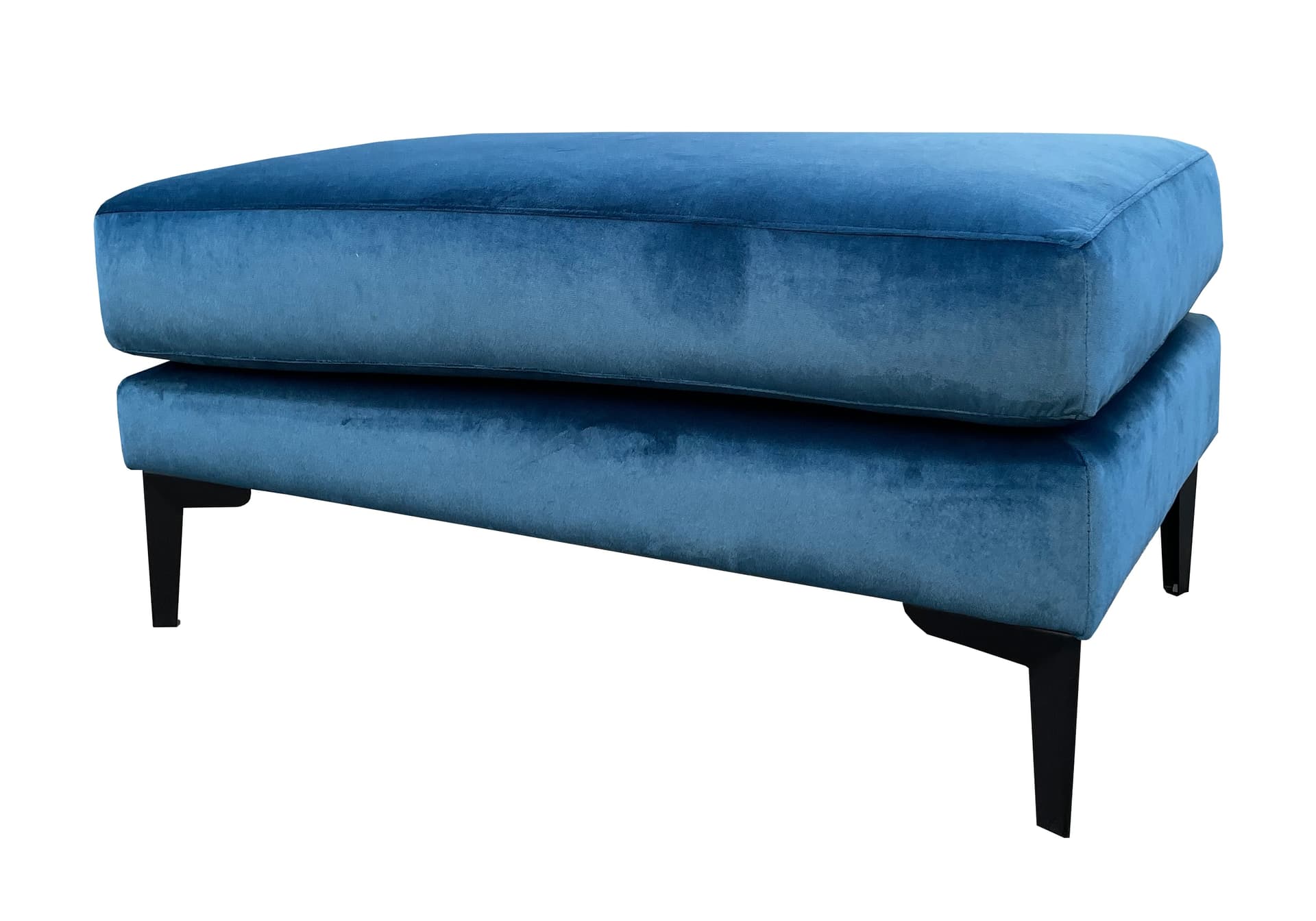 Noah poef met valling in blauwe stof met zwarte poten