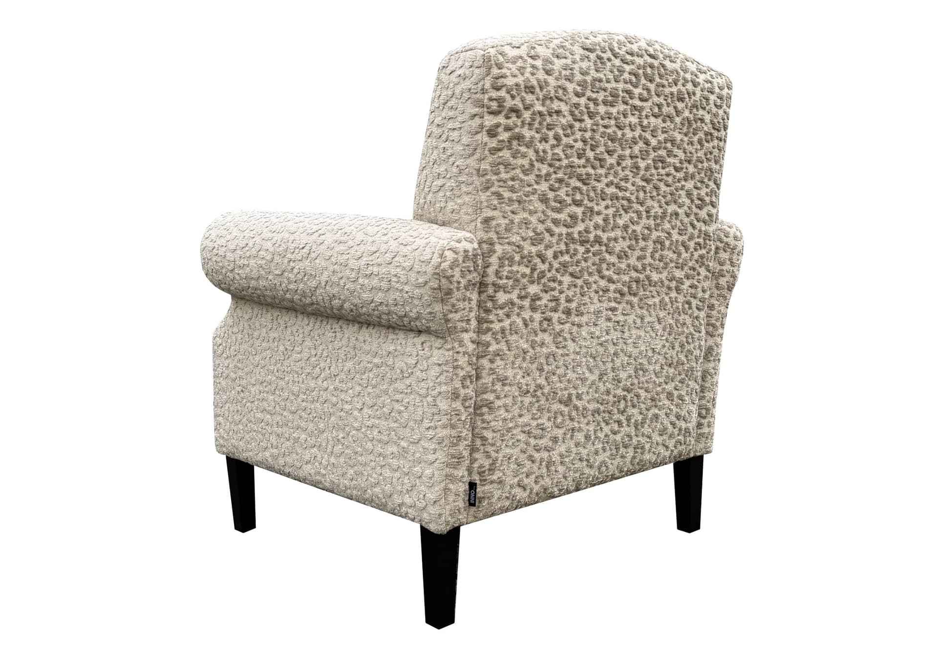 Klassieke fauteuil met ronde arm in beige stof met print