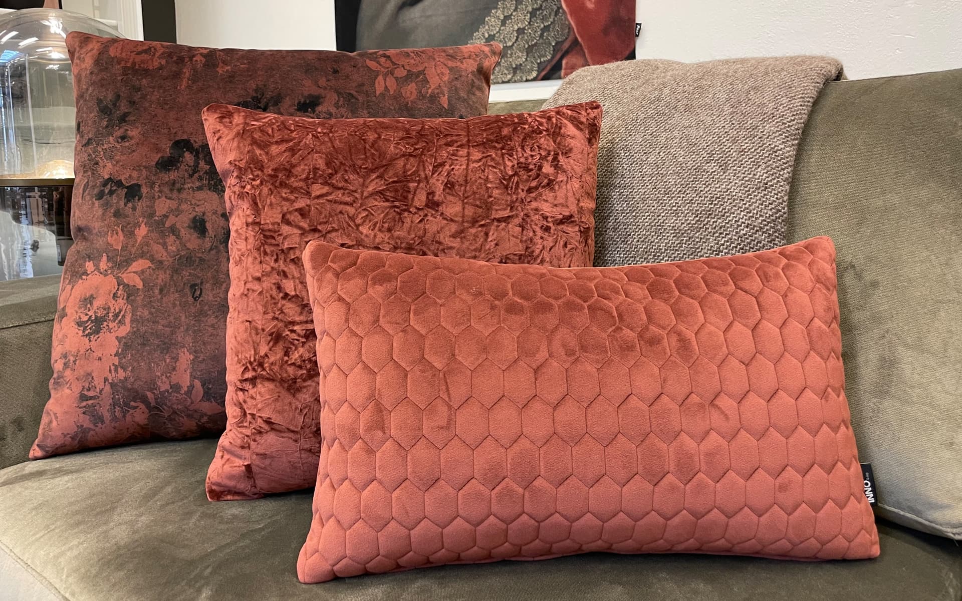 Roodkleurige luxe sierkussens op bruine bank