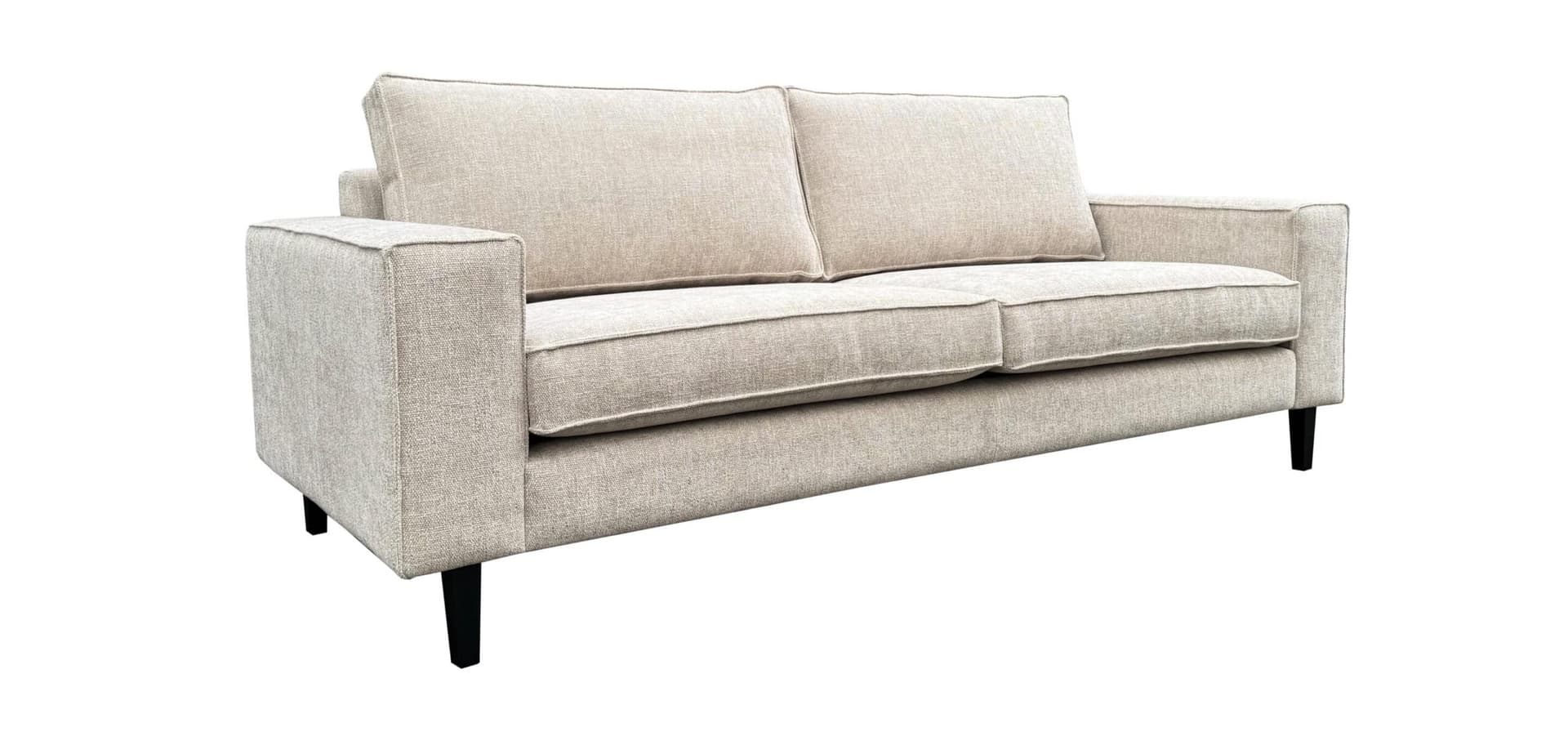 Zijaanzicht moderne beige 3-zitsbank Noah met kubistische armleuningen