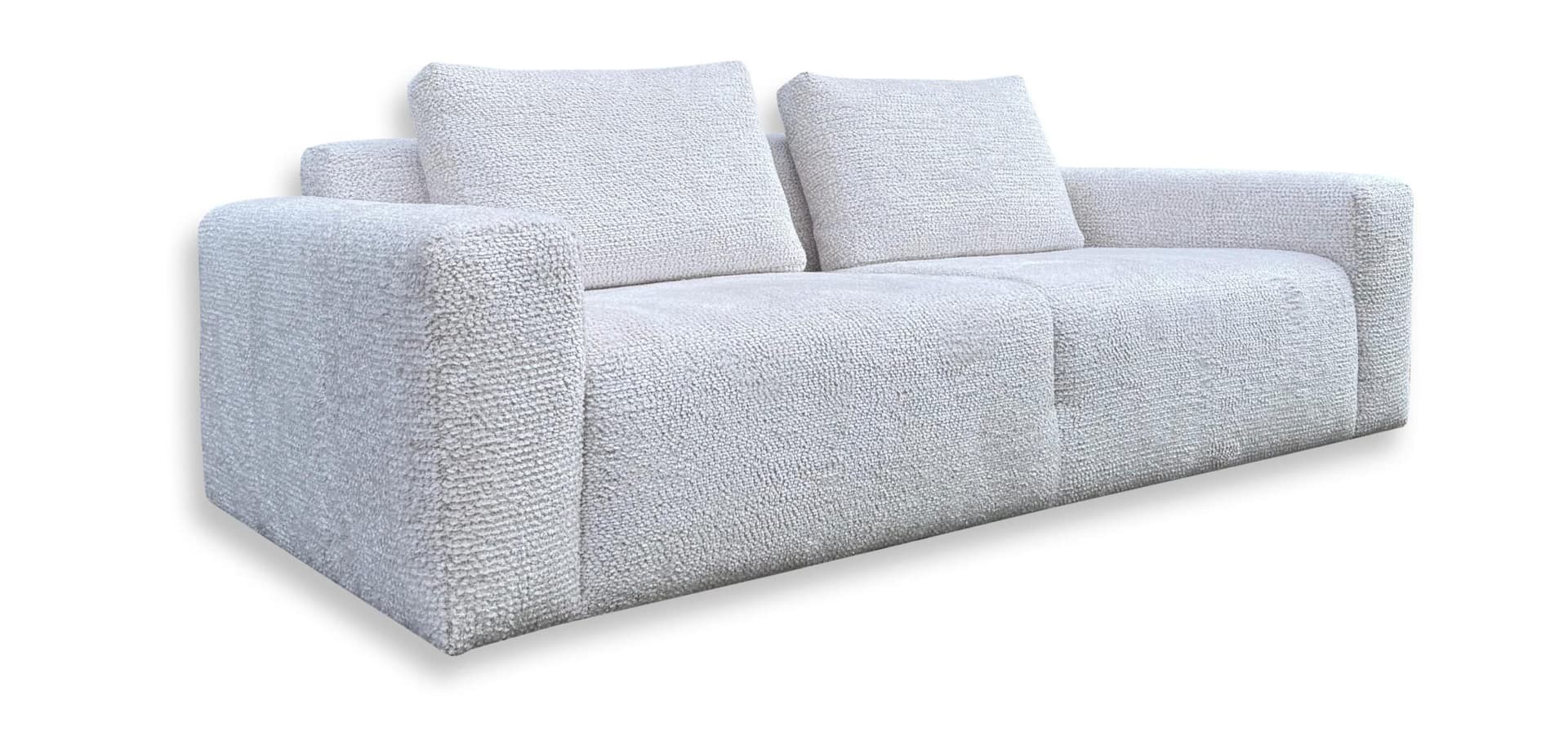 Zijaanzicht van de witte designbank Mae met luxueuze bekleding en strakke lijnen