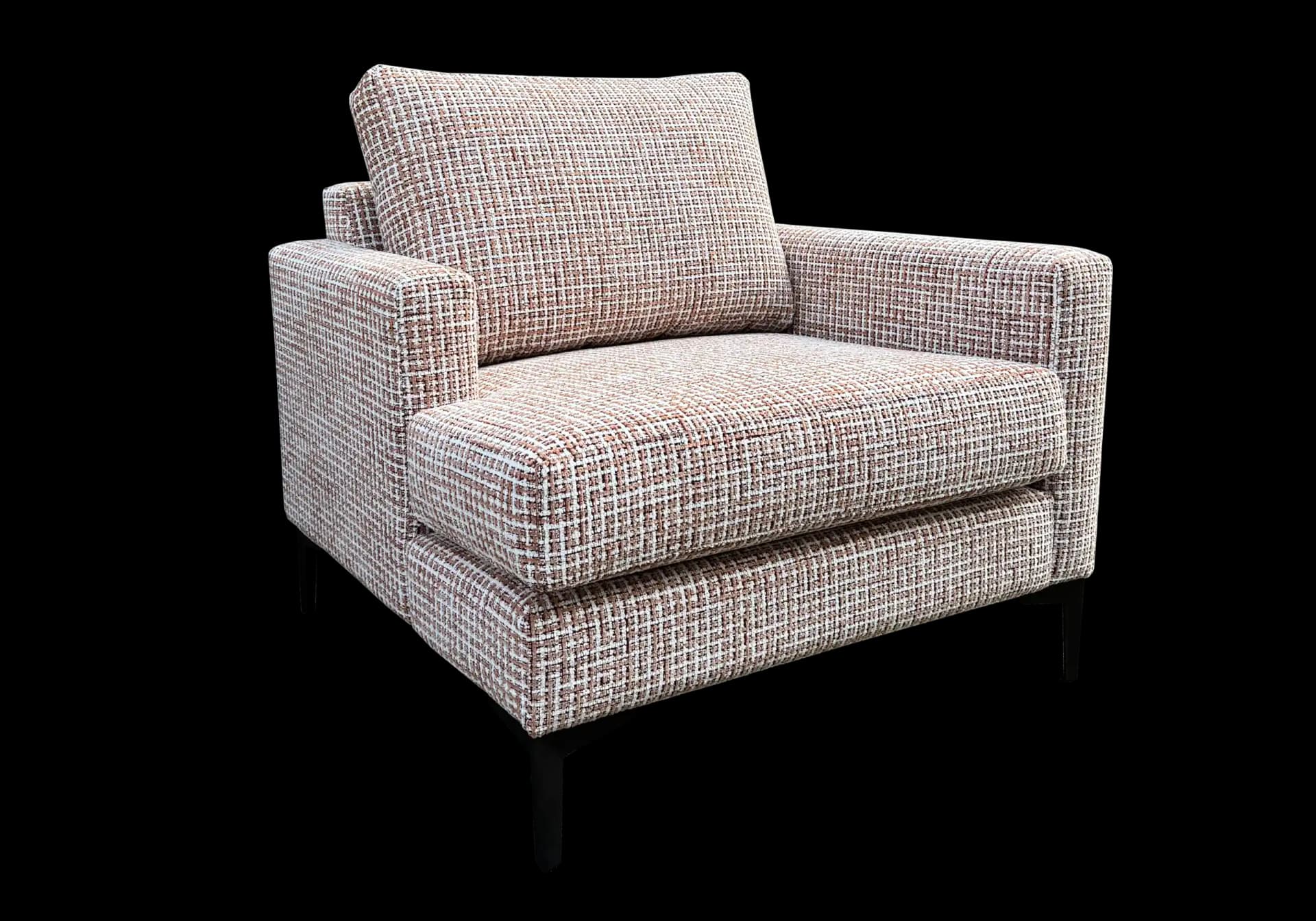 Zijkant van de fauteuil Amélie met opvallende lange armleuning rechts