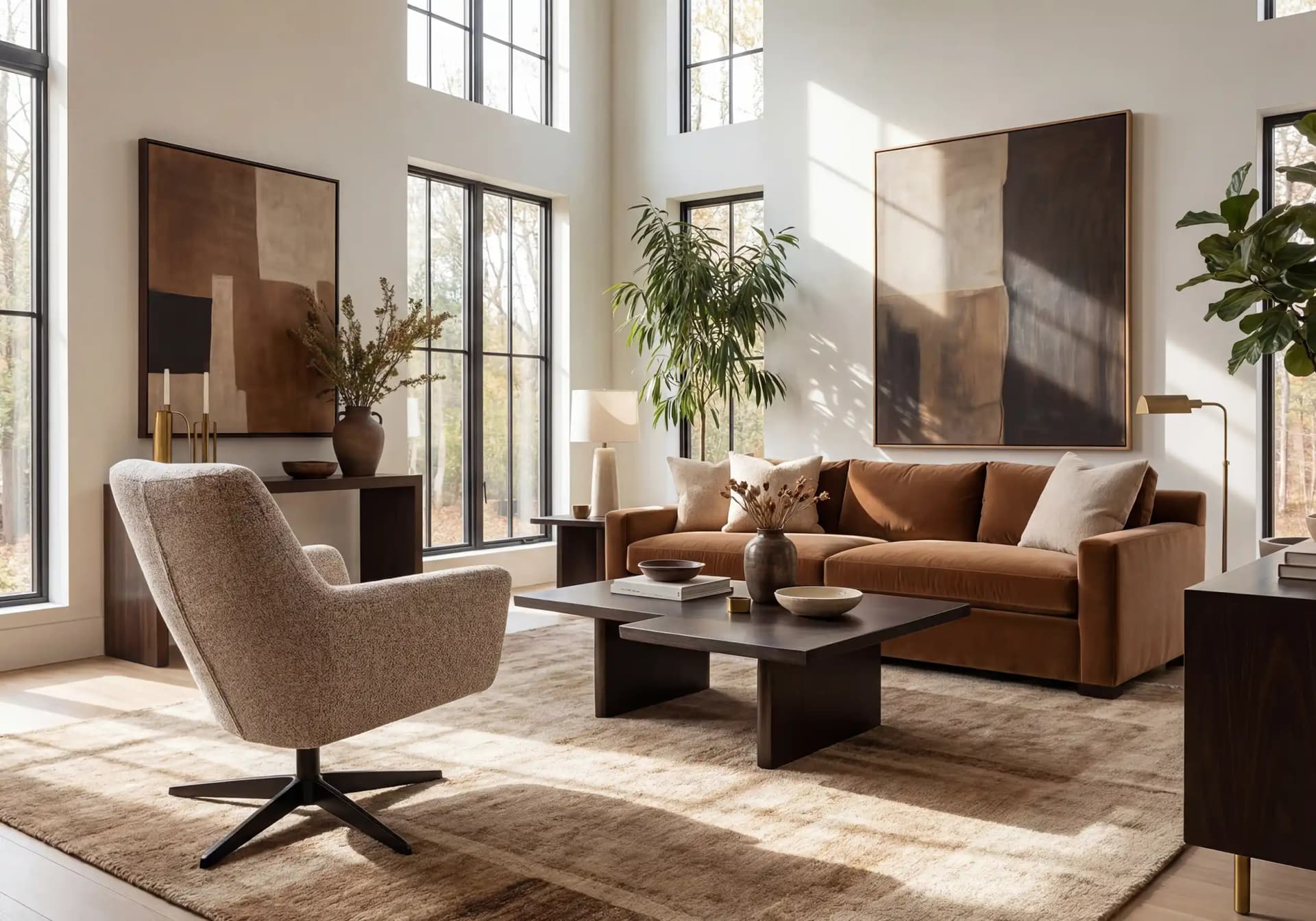 Draaifauteuil Yara in een gezellige woonkamer, beige stof, tegenover bank