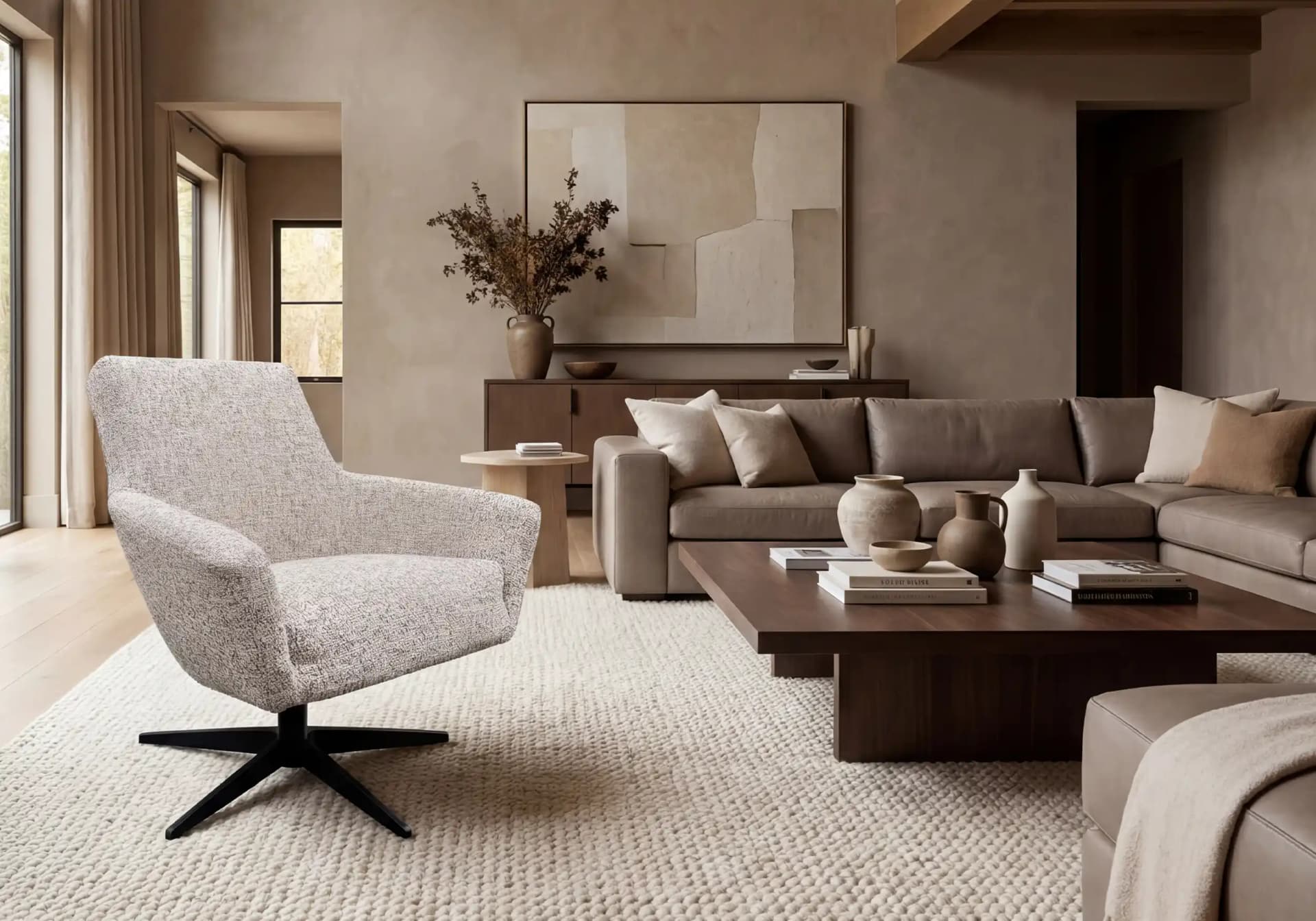 Draaifauteuil Yara in modern interieur, comfortabele leeshoek met vloerkleed