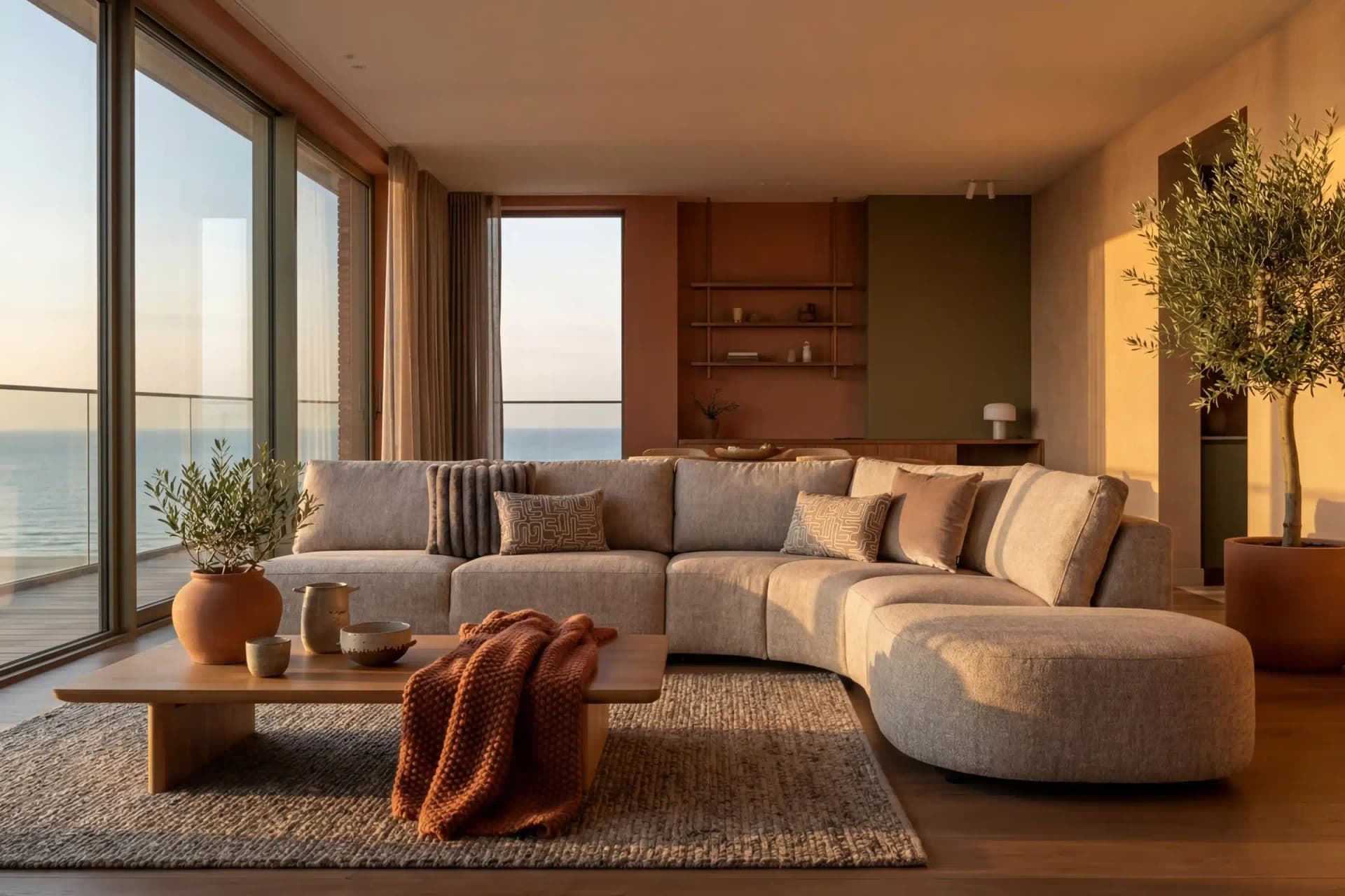 Grote modulaire bank Mae met trapezium elementen en organische poef in royale woonkamer met uitzicht op zee.
