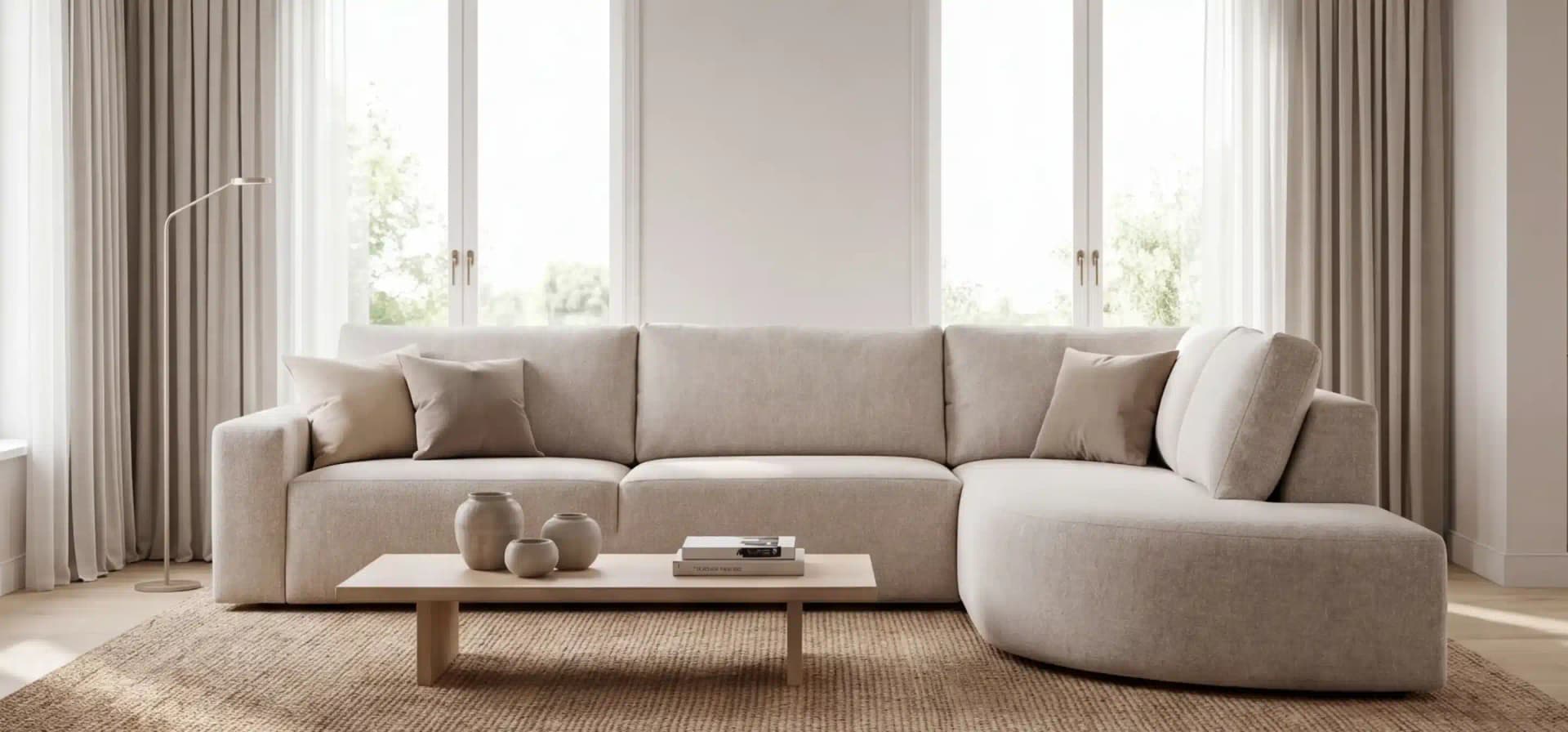 Mae hoekbank als sfeervolle blikvanger in een modern en warm woonkamer interieur