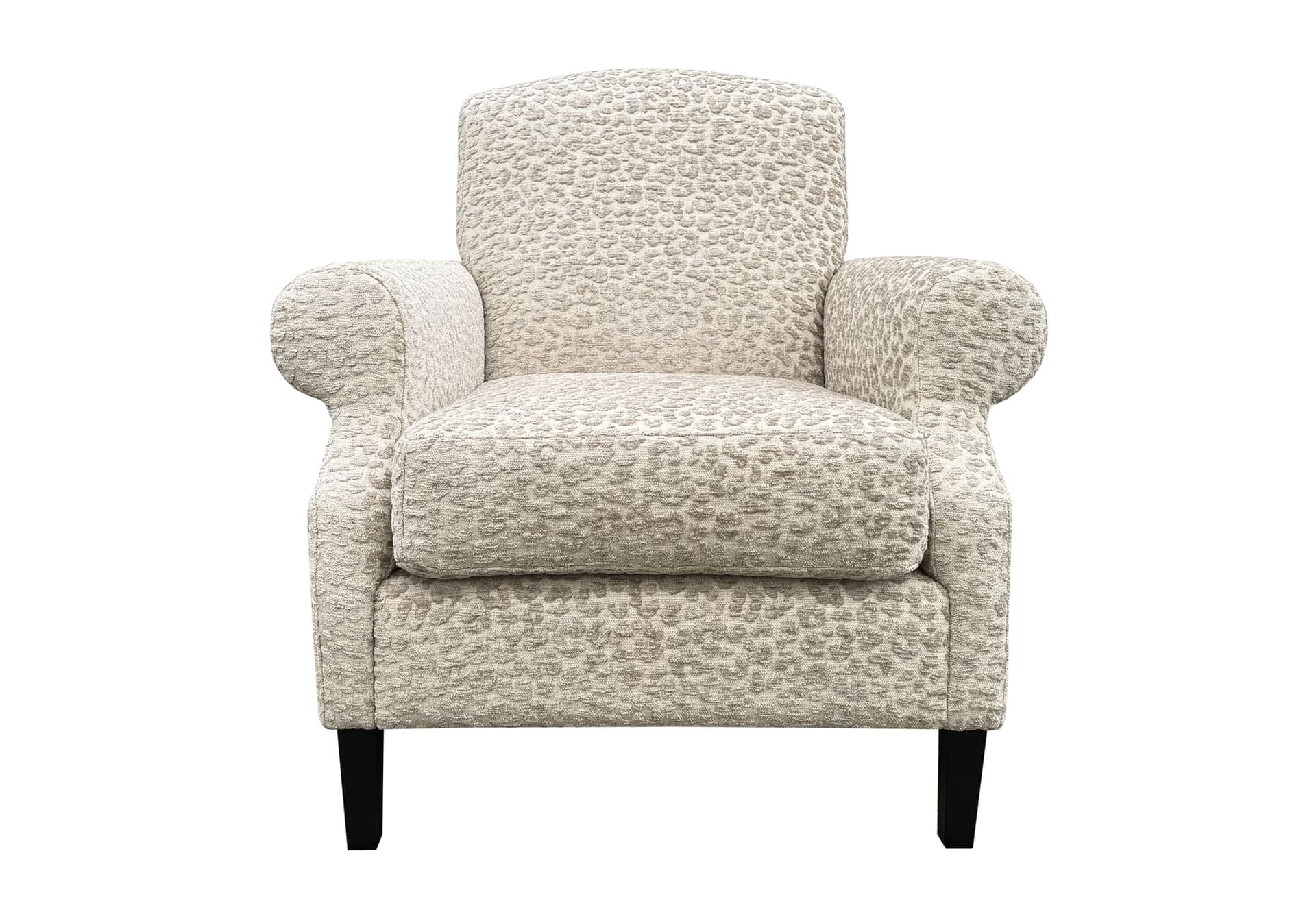 Klassieke fauteuil met ronde arm in beige stof met print
