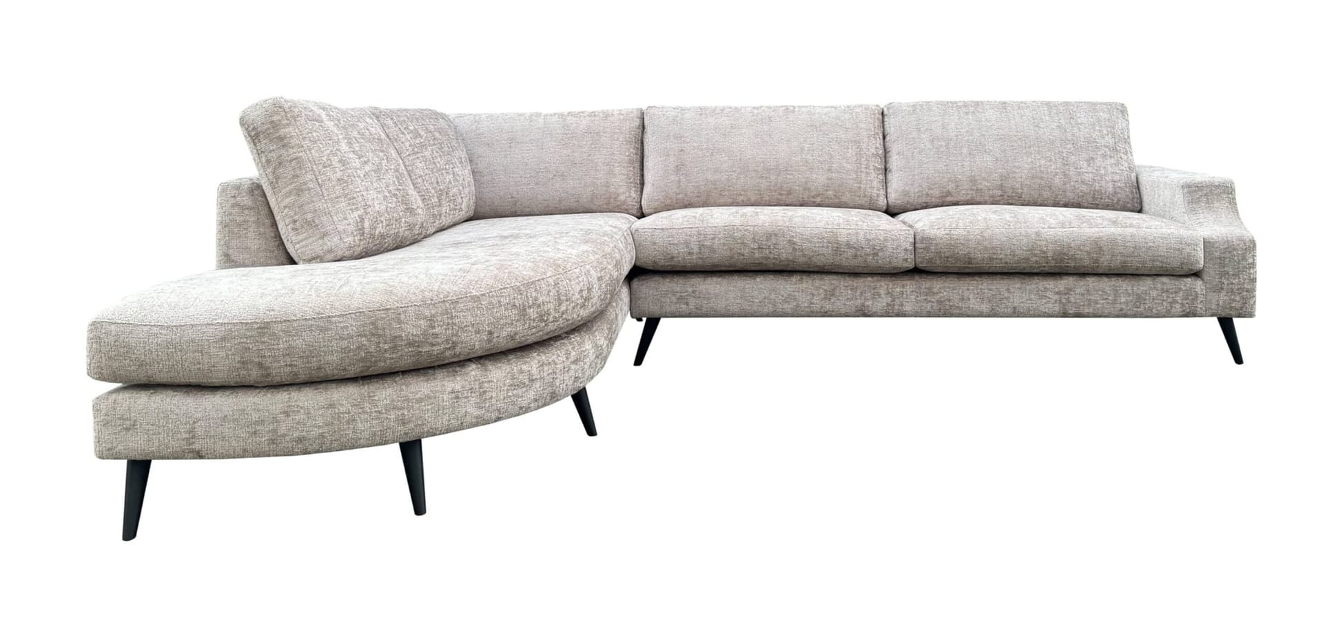 Beige ronde hoekbank Olivia op zwarte retro poten