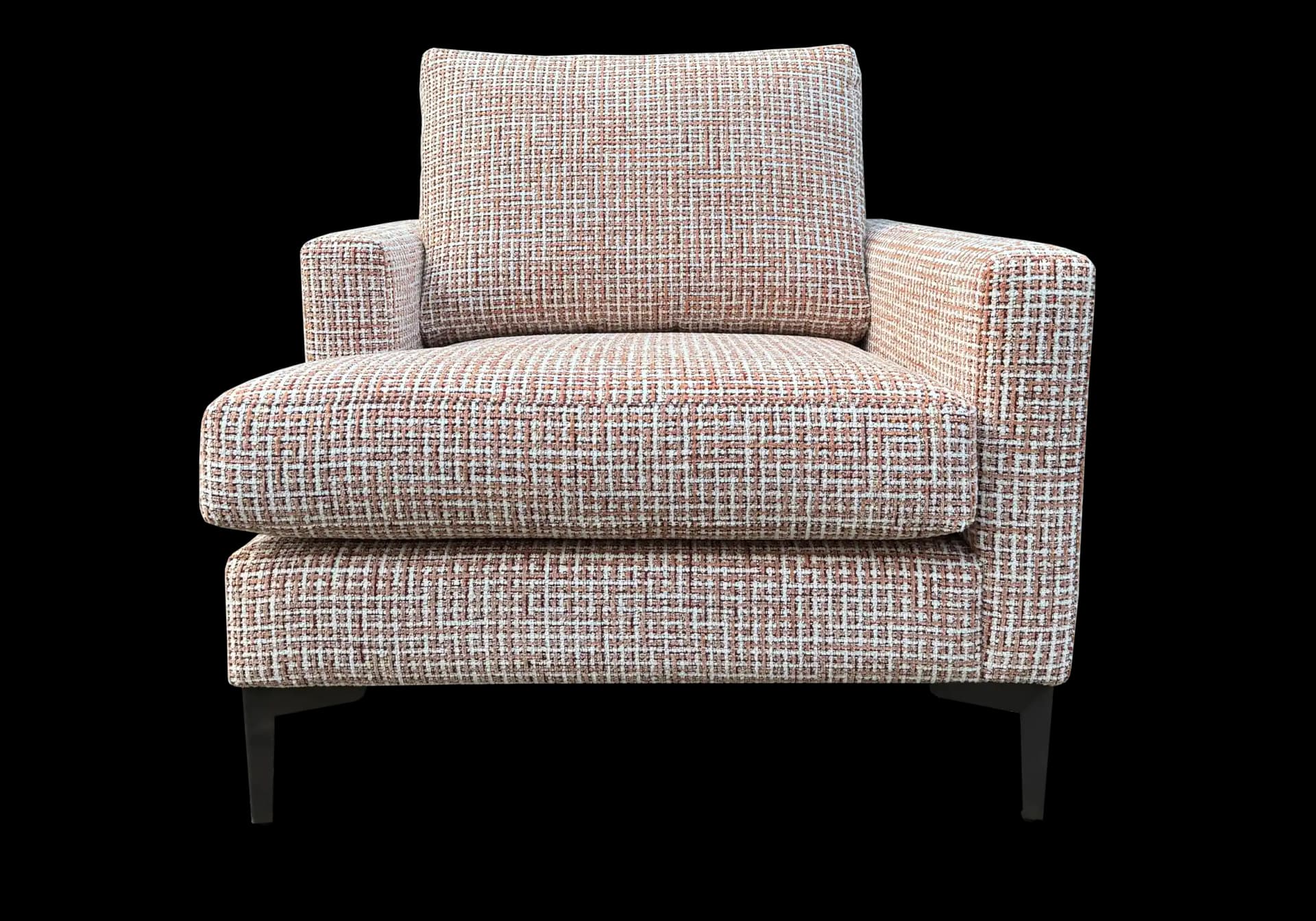 Vooraanzicht van de asymmetrische design fauteuil Amélie rechts in terra kleur